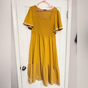 Simplee Apparel Mustard Yellow Smocked Midi Dress